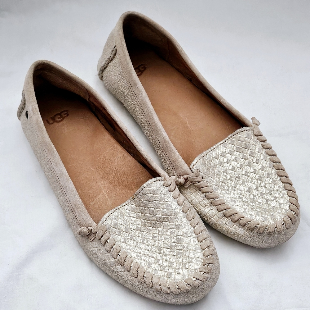 UGG Women's Beige Woven Leather Moccasin Flats